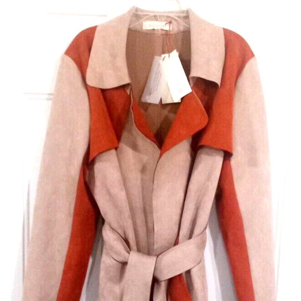Solitaire Women's Orange/Tan Trench Belted Open Coat Faux Suede